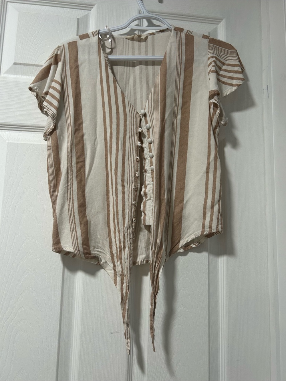 Striped Tie-Front Short Sleeve Top - Beige/Cream